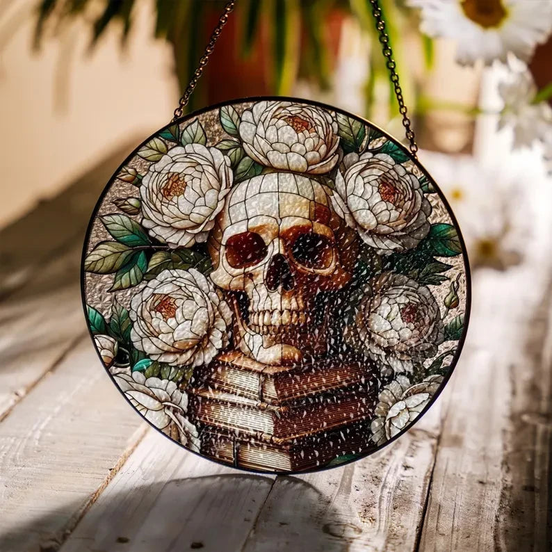 Skull On Bookstack Glass Suncatcher, Dark Academia, Reading Lover Gift, Library Decor, Librarian Gift, Halloween Decor, Floral Book