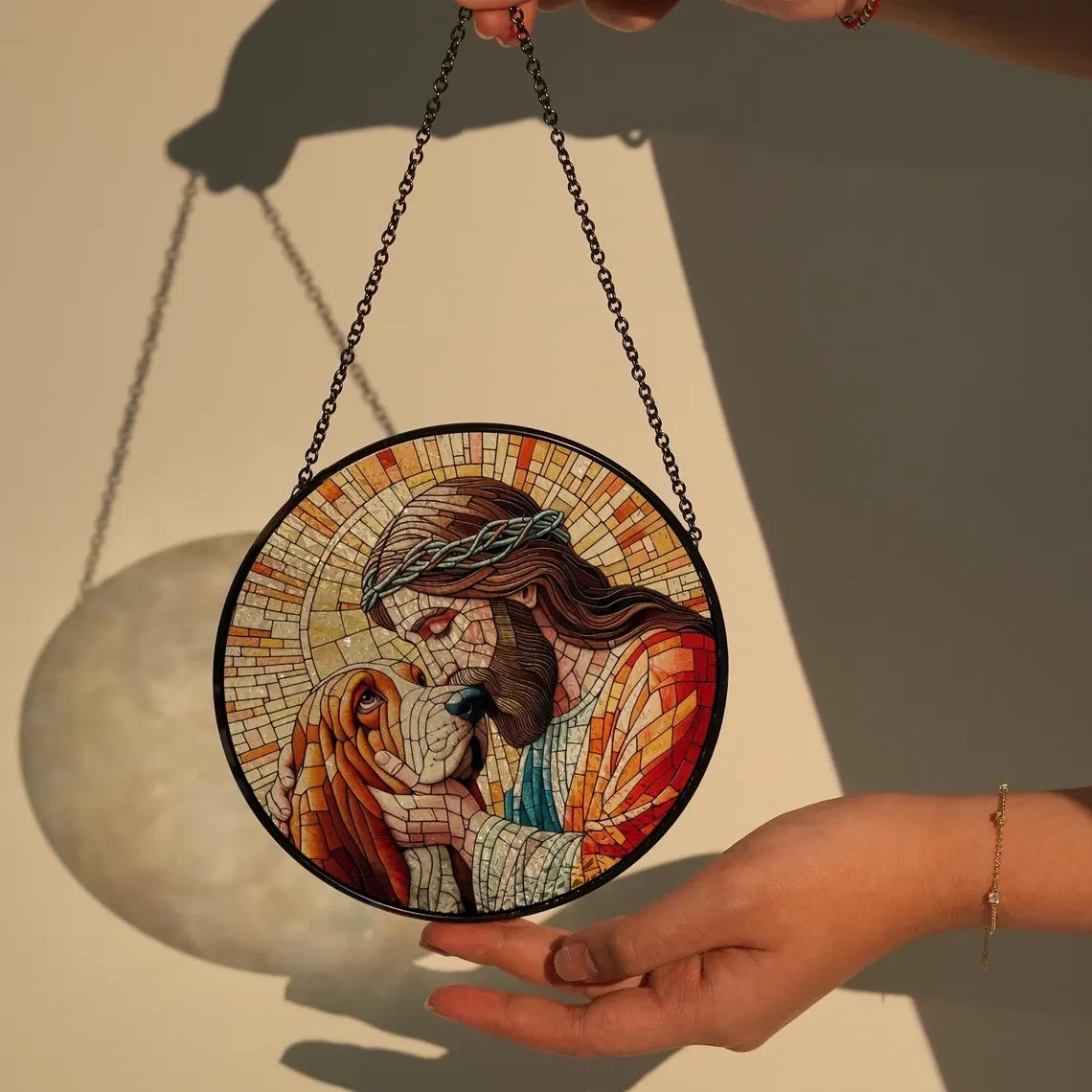 Glass Jesus And Basset Hound Dog Hanging, Christian Gift, Thankgiving Home Decor, Jesus Christ, Memorial Gift, Basset Hound Mom Gift