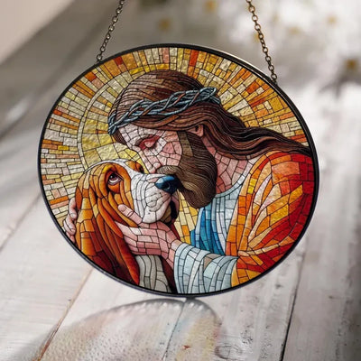 Glass Jesus And Basset Hound Dog Hanging, Christian Gift, Thankgiving Home Decor, Jesus Christ, Memorial Gift, Basset Hound Mom Gift