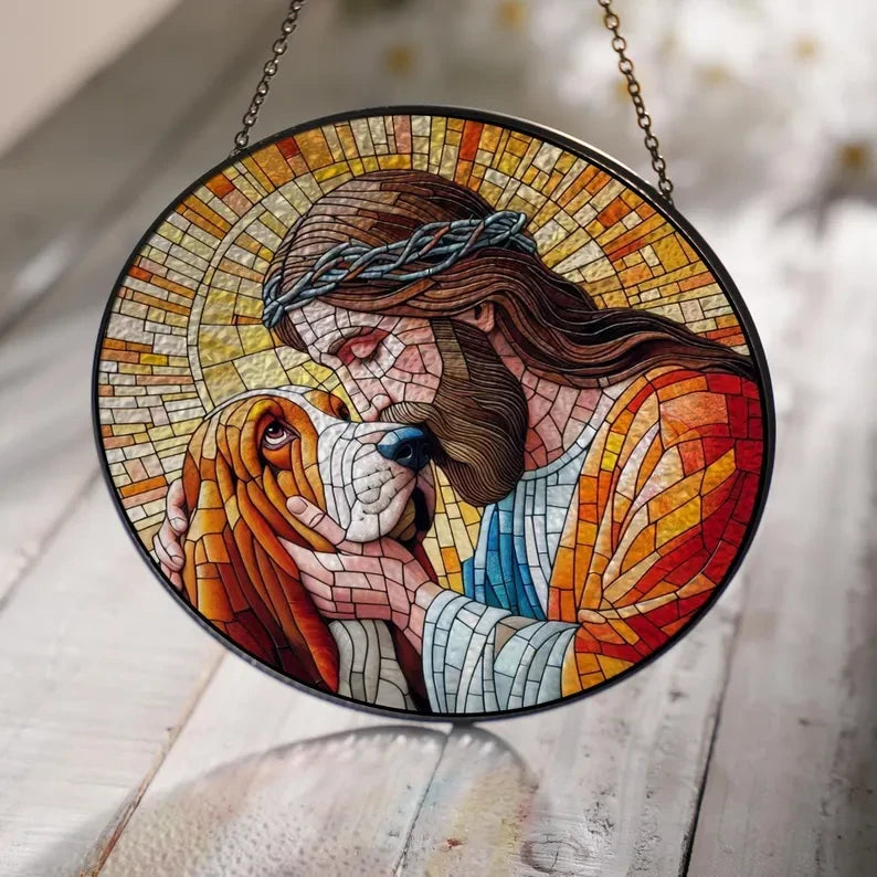 Glass Jesus And Basset Hound Dog Hanging, Christian Gift, Thankgiving Home Decor, Jesus Christ, Memorial Gift, Basset Hound Mom Gift