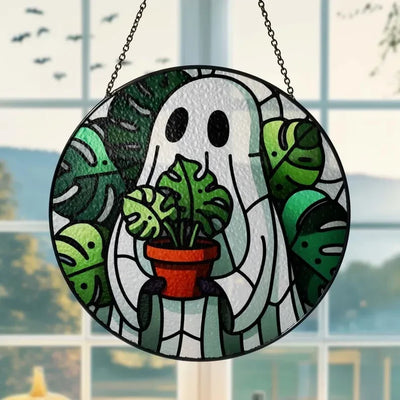 Halloween Ghost And Monstera Glass Suncatcher | Halloween Ghost Suncatcher | Halloween Window Indoor Decor, Monstera Lover Gift