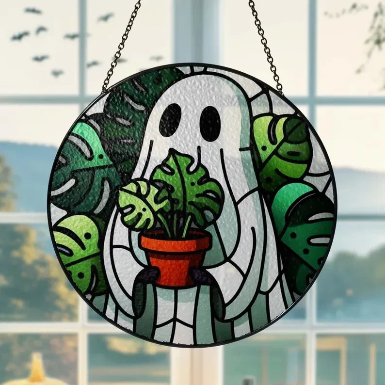 Halloween Ghost And Monstera Glass Suncatcher | Halloween Ghost Suncatcher | Halloween Window Indoor Decor, Monstera Lover Gift