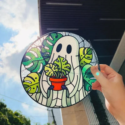 Halloween Ghost And Monstera Glass Suncatcher | Halloween Ghost Suncatcher | Halloween Window Indoor Decor, Monstera Lover Gift