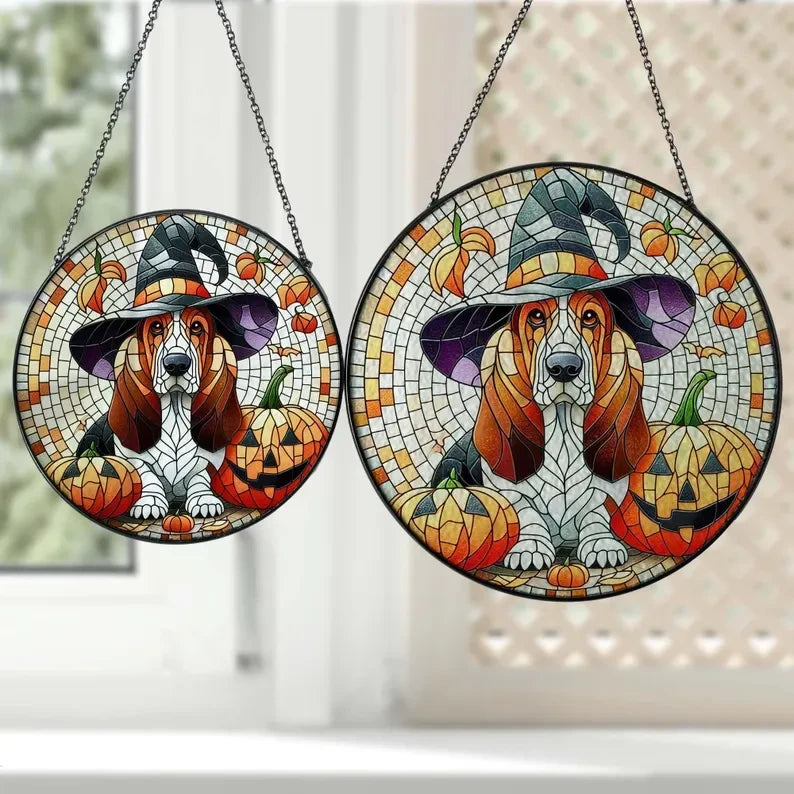 Basset Hound Dog Glass Suncatcher, Halloween Window Hanging, Basset Hound Mom Gift, Carved Pumpkin, Haunted House, Halloween Gift