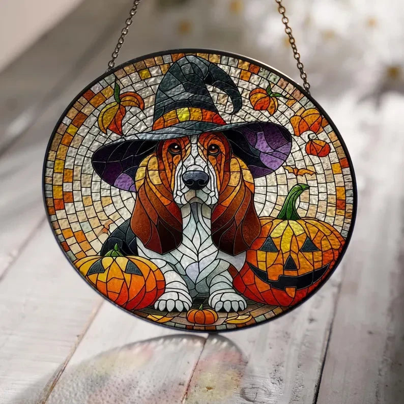 Basset Hound Dog Glass Suncatcher, Halloween Window Hanging, Basset Hound Mom Gift, Carved Pumpkin, Haunted House, Halloween Gift