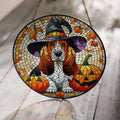 Basset Hound Dog Glass Suncatcher, Halloween Window Hanging, Basset Hound Mom Gift, Carved Pumpkin, Haunted House, Halloween Gift