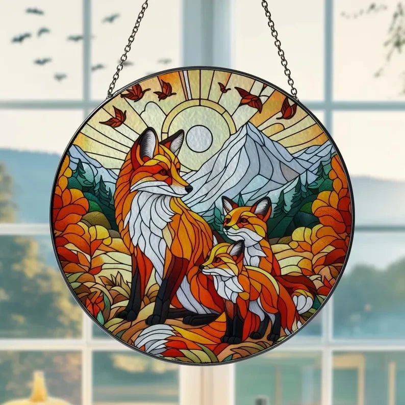 Fox Family Autumn Glass Window Hanging, Fox Glass Ornament, Fox Lover Gift, Wildlife Animal, Thanksgiving Gift, Gift For Kids