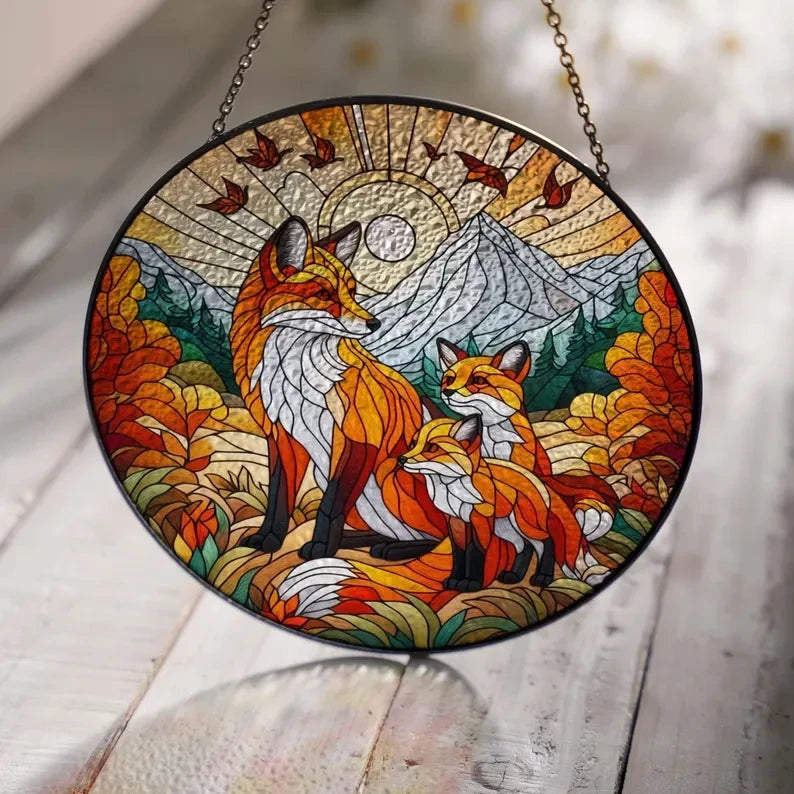 Fox Family Autumn Glass Window Hanging, Fox Glass Ornament, Fox Lover Gift, Wildlife Animal, Thanksgiving Gift, Gift For Kids