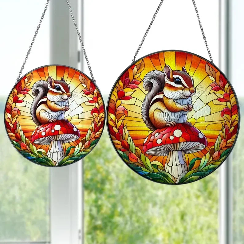 Chipmunk And Mushroom Glass Window Hanging, Chipmunk Glass Suncatcher Ornament, Cottagecore, Wildlife Animal, Thanksgiving Gift