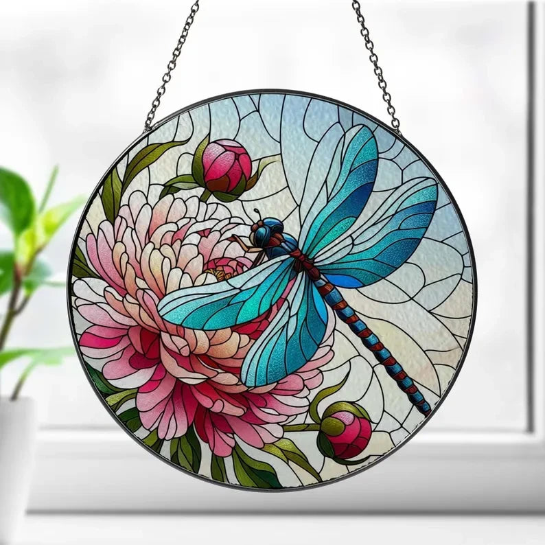 Glass Dragonfly Hanging, Dragonfly Lover Gift, Flower Glass Hanging, Gardening Decor, Dragonfly Glass Ornament