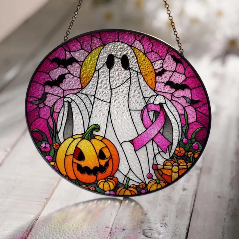 Breast Cancer Support Glass Suncatcher , Halloween Pink Ghost Suncatcher, Halloween Window Indoor Decor, Breast Cancer Ribbon,