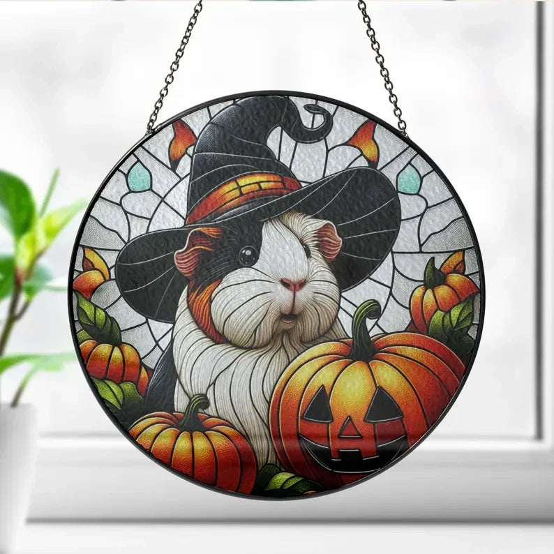 Halloween Guinea Pig Glass Suncatcher, Halloween Wicked Pig Suncatcher Ornament, Thanksgiving Gift Halloween Gift, Guinea Pig Lover