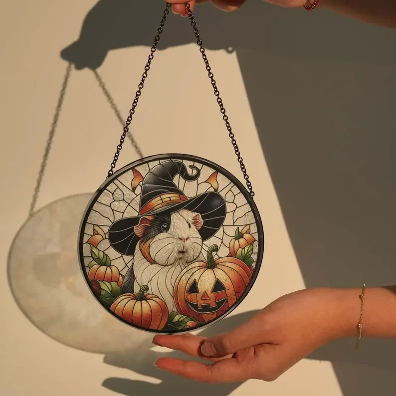 Halloween Guinea Pig Glass Suncatcher, Halloween Wicked Pig Suncatcher Ornament, Thanksgiving Gift Halloween Gift, Guinea Pig Lover