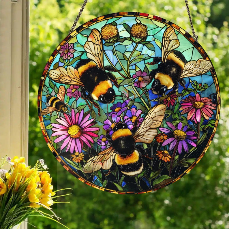 Bumblebees and Blossoms Faux Stained Glass Style Wall or Window Hanging