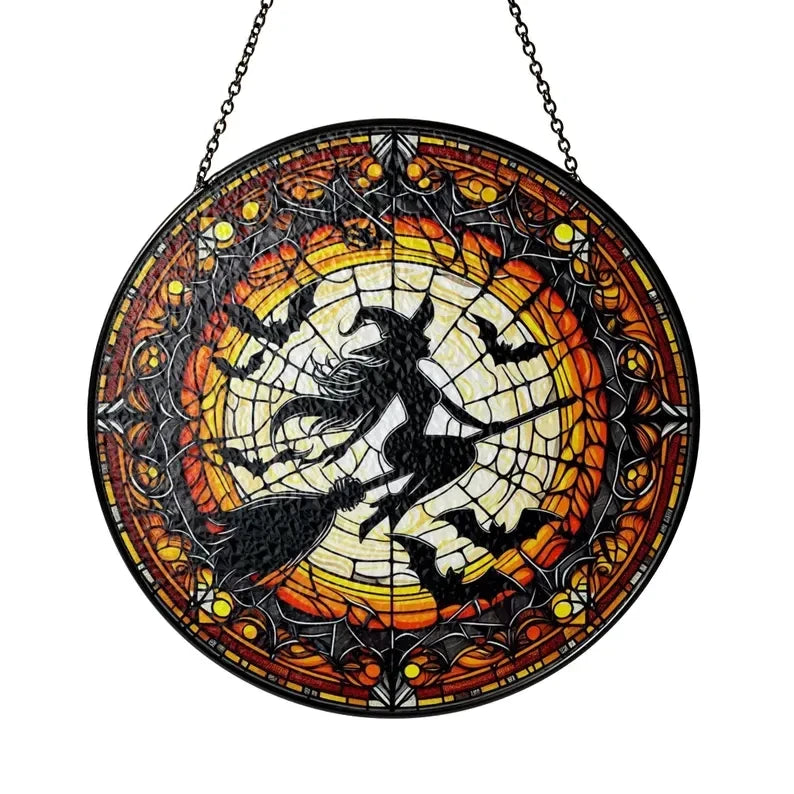 Witch Glass, Witch Halloween Suncatcher, Halloween Witch Window Hanging, Halloween Decor, Bats, Spooky Season Gift, Witch Glass Art