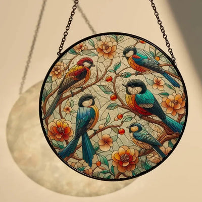 Birds On Branch Glass Decor, Birds Suncatcher, Bird Lover Gift, Bird Nerds, Flowers Window Hanging, Indoor Decor, Wall Arts, For Women