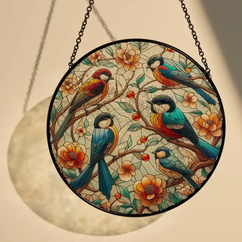 Birds On Branch Glass Decor, Birds Suncatcher, Bird Lover Gift, Bird Nerds, Flowers Window Hanging, Indoor Decor, Wall Arts, For Women