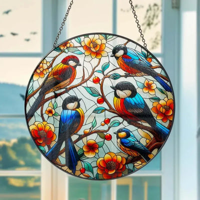 Birds On Branch Glass Decor, Birds Suncatcher, Bird Lover Gift, Bird Nerds, Flowers Window Hanging, Indoor Decor, Wall Arts, For Women