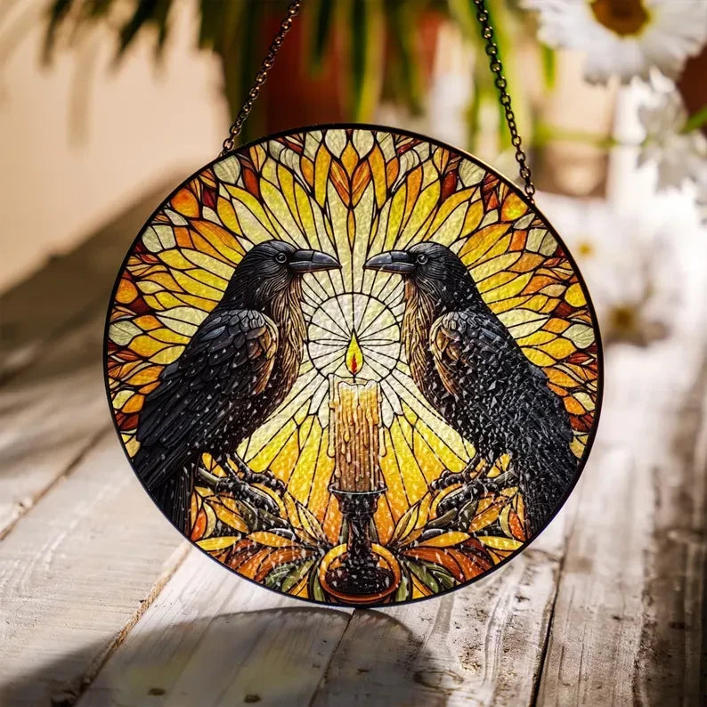 Couple Raven Faux Stained Glass Suncatcher, Raven Candle Window Hangings Decors, Bird Suncatcher Stain Glass, Halloween Decor, Gothic Raven Decor