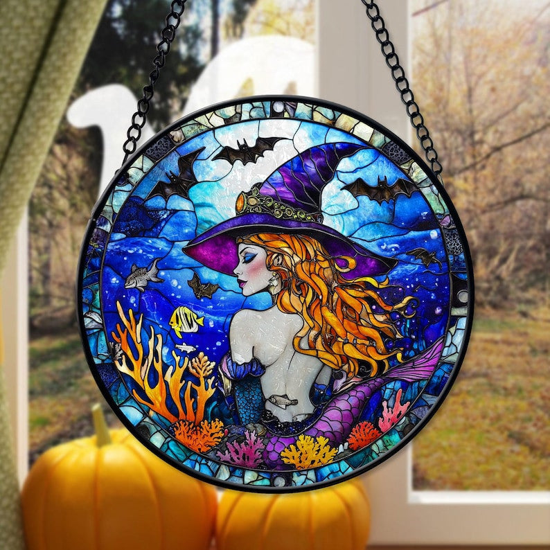 Mermaid Witch Glass Suncatcher, Mermaid Halloween Window Hanger, Gothic Decor, Halloween Decor, Halloween Gifts, Mermaid Lover Gifts