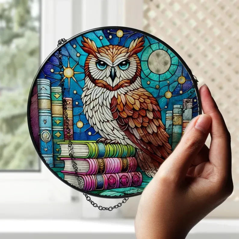 Knowledge Owl With Book Stack Glass Decor, Bookish Lover Decor, Reading Lover Decor, Owl With Book, Librarian Decor, Librarian Gift