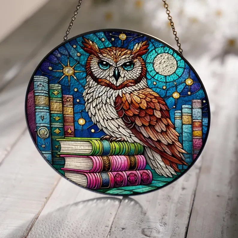 Knowledge Owl With Book Stack Glass Decor, Bookish Lover Decor, Reading Lover Decor, Owl With Book, Librarian Decor, Librarian Gift