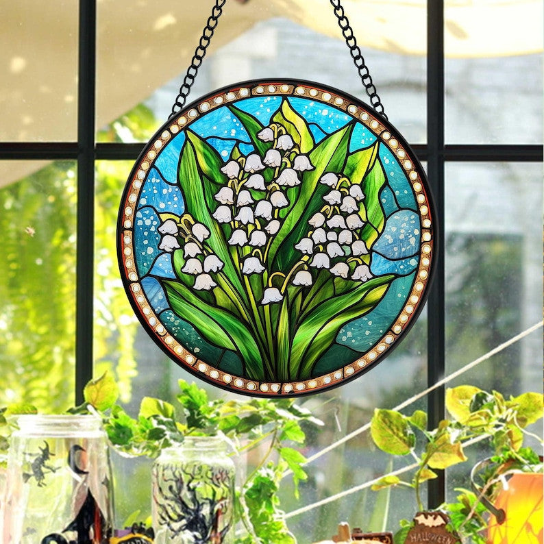 Faux Faux Stained Glass Lily Of Valley Suncatcher, Lily Flower Art Christmas Decor, Lily Lover Window Hanging Ornament, May Flower Birthday Gift