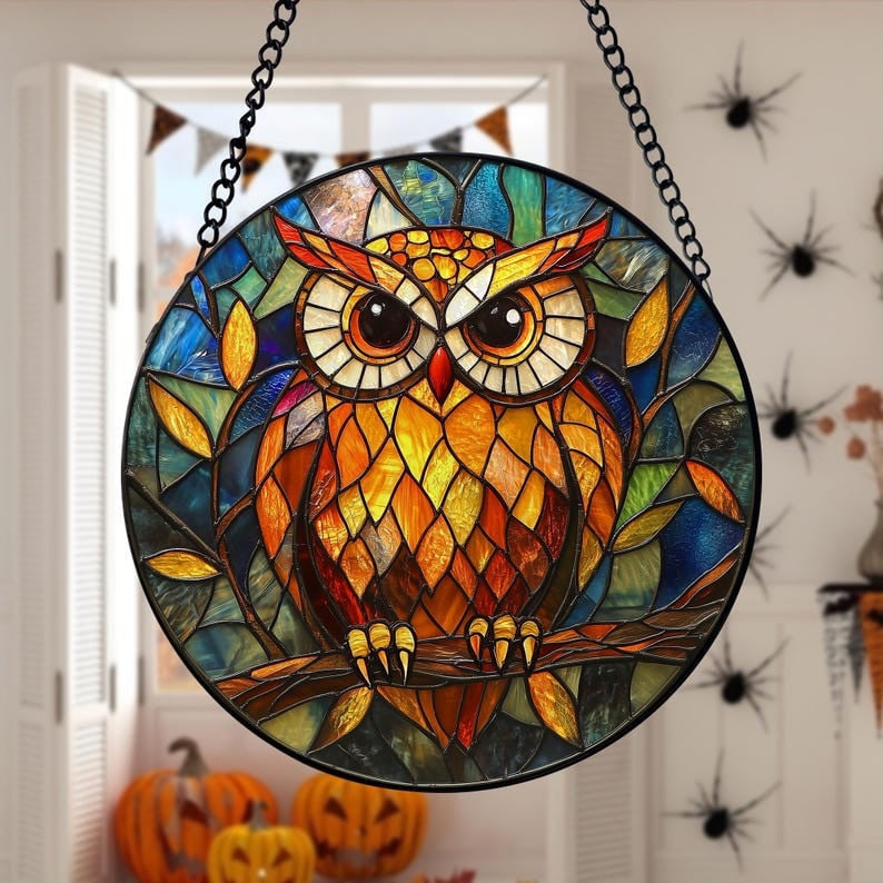Owl Bird Faux Faux Stained Glass Suncatcher, Owl Glass Window Hanging, Bird Ornament Home Decor, Christmas Gift, Bird Lover, Housewarming Gift
