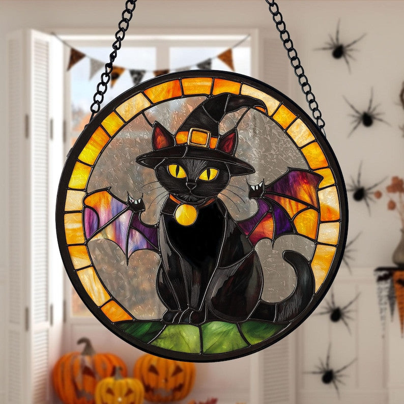 Halloween Black Cat Glass Window Hanging, Black Cat Faux Faux Stained Glass, Spooky Night Decor, Dark Academia Suncatcher, Spooky Season Gift