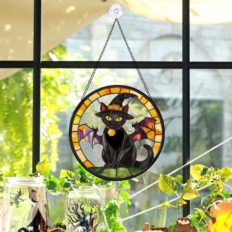 Halloween Black Cat Glass Window Hanging, Black Cat Faux Faux Stained Glass, Spooky Night Decor, Dark Academia Suncatcher, Spooky Season Gift