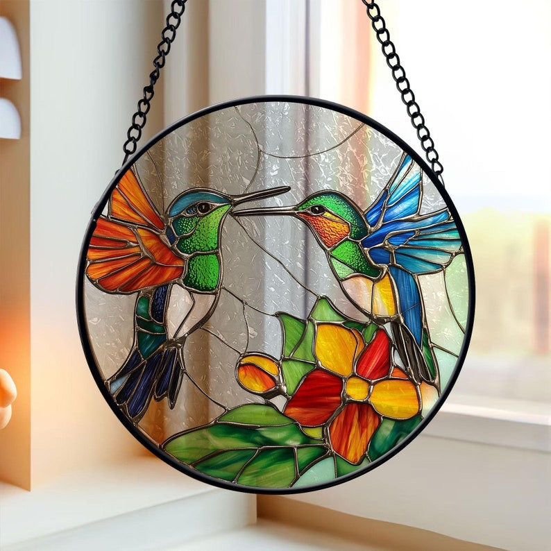 Hummingbird Faux Faux Stained Glass Suncatcher, Hummingbird Glass Window Hanging, Bird Suncatcher Stain Glass Art Home Decor, Anniversary Gift