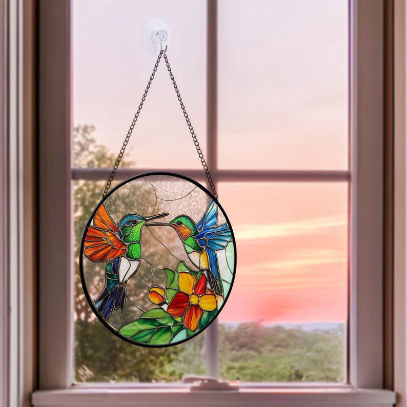 Hummingbird Faux Faux Stained Glass Suncatcher, Hummingbird Glass Window Hanging, Bird Suncatcher Stain Glass Art Home Decor, Anniversary Gift
