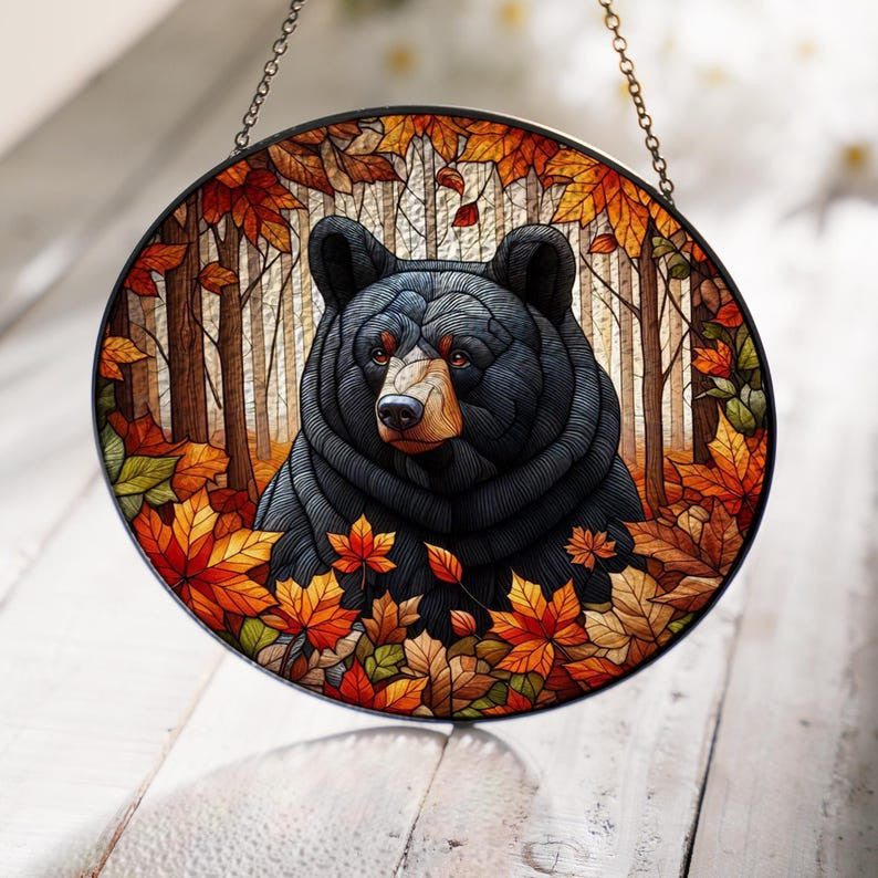 Black Bear In Autumn Forest Glass Hanging, Black Bear Glass, Bear Lover Gift, Nature Landscape, Wildlife Landscape, Thanksgiving Gift