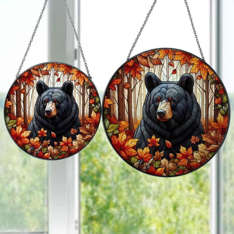 Black Bear In Autumn Forest Glass Hanging, Black Bear Glass, Bear Lover Gift, Nature Landscape, Wildlife Landscape, Thanksgiving Gift