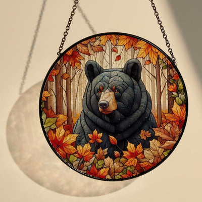 Black Bear In Autumn Forest Glass Hanging, Black Bear Glass, Bear Lover Gift, Nature Landscape, Wildlife Landscape, Thanksgiving Gift