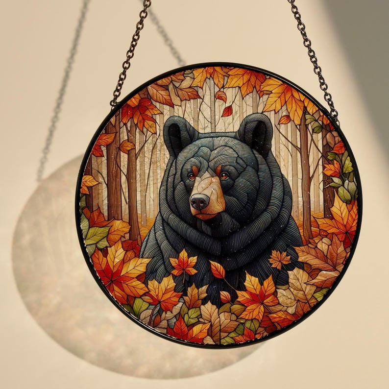 Black Bear In Autumn Forest Glass Hanging, Black Bear Glass, Bear Lover Gift, Nature Landscape, Wildlife Landscape, Thanksgiving Gift