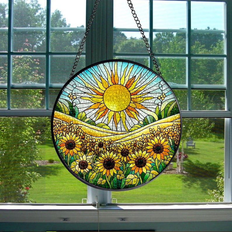 Sunshine On Sunflowers Faux Stained Glass Suncatcher -Gift For Women, Sunflowers Window Hanging, Indoor Decor, Flowers Window Garden Suncatcher