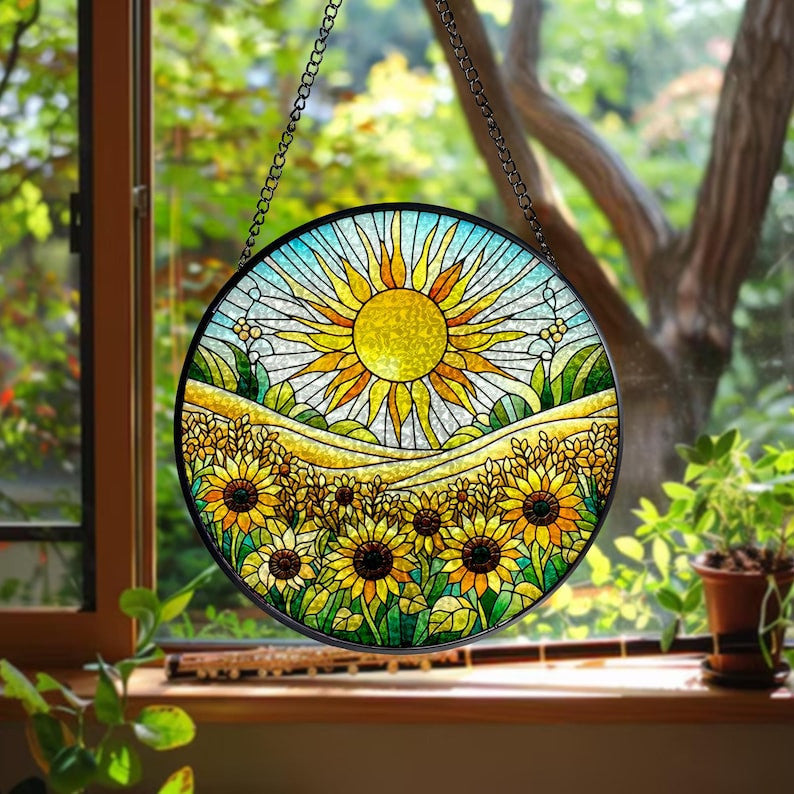 Sunshine On Sunflowers Faux Stained Glass Suncatcher -Gift For Women, Sunflowers Window Hanging, Indoor Decor, Flowers Window Garden Suncatcher