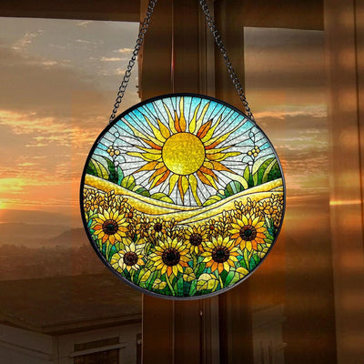 Sunshine On Sunflowers Faux Stained Glass Suncatcher -Gift For Women, Sunflowers Window Hanging, Indoor Decor, Flowers Window Garden Suncatcher