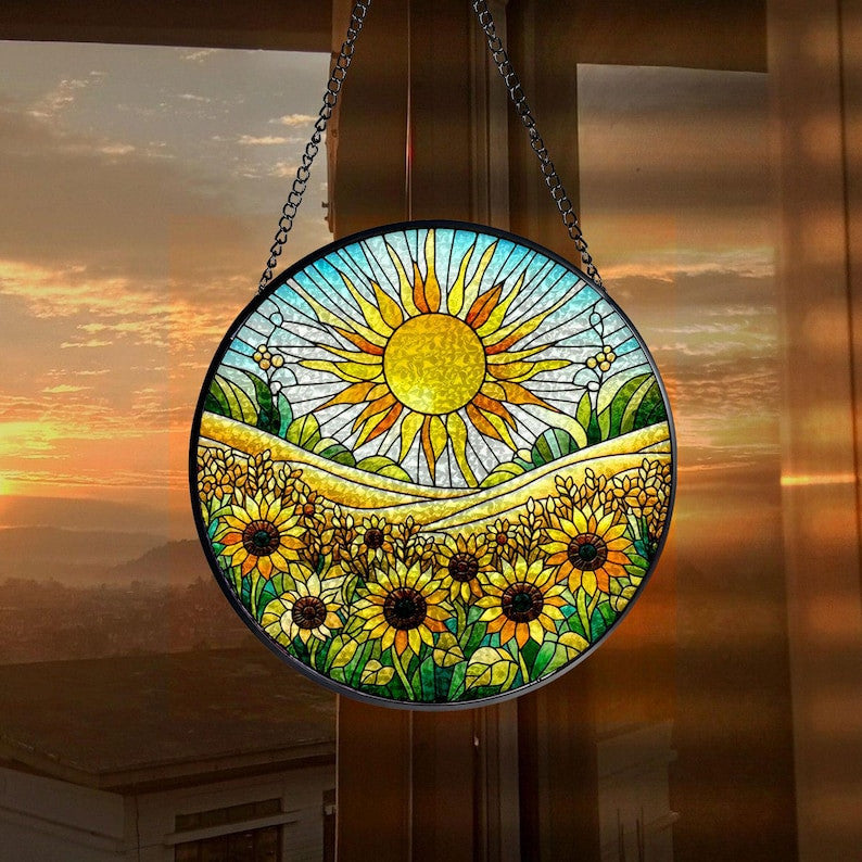 Sunshine On Sunflowers Faux Stained Glass Suncatcher -Gift For Women, Sunflowers Window Hanging, Indoor Decor, Flowers Window Garden Suncatcher