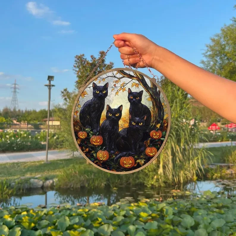 Black Cats And Pumpkins Painted Faux Stained Glass Suncatcher, Window Hanging Decor, Outdoor Sun Catcher, Halloween Decor