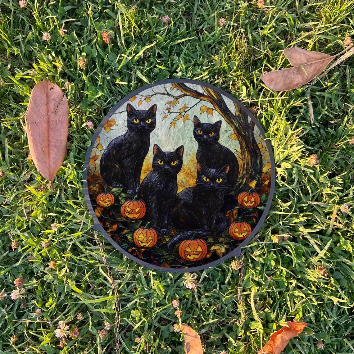 Black Cats And Pumpkins Painted Faux Stained Glass Suncatcher, Window Hanging Decor, Outdoor Sun Catcher, Halloween Decor