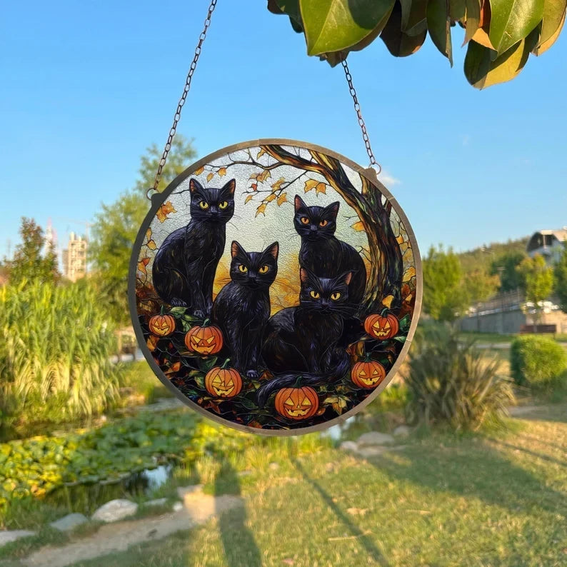 Black Cats And Pumpkins Painted Faux Stained Glass Suncatcher, Window Hanging Decor, Outdoor Sun Catcher, Halloween Decor