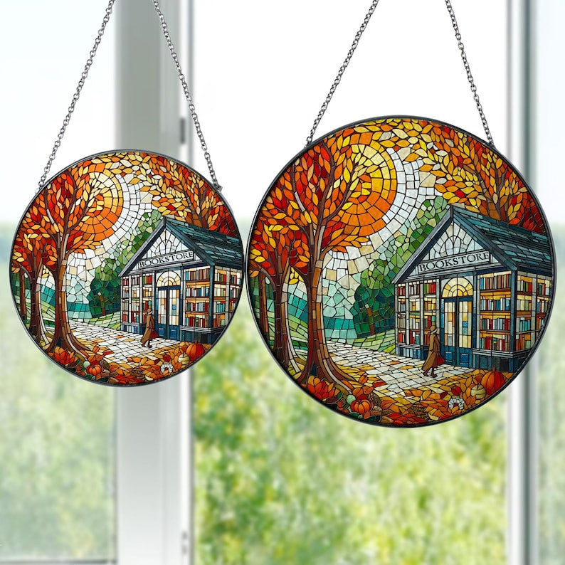 Bookstore Front View Autumn Landscape Glass Window Hanging, Library Window Hanging, Bookshelf Suncatcher, Bookstore Decor, Book Lover Gift