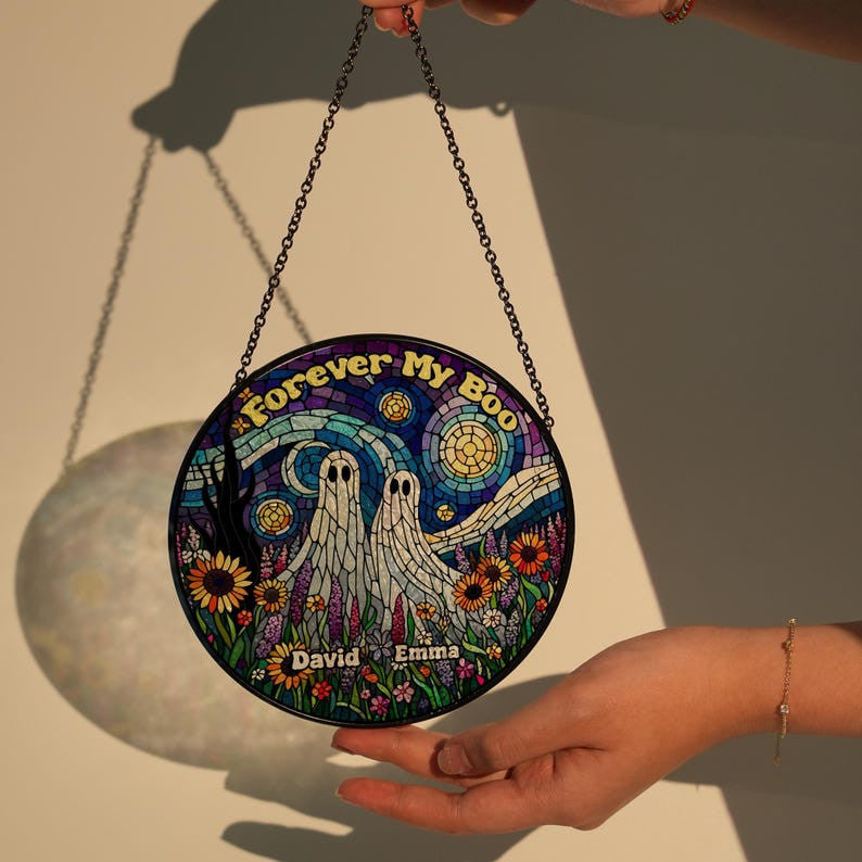 Personalized Forever My Boo Glass Window Hanging, Spooky Ghost In Wildflower Field Suncatcher Ornament, Halloween Gift, Anniversary Gift