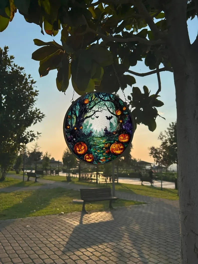 Scary Forest Painted Faux Stained Glass Suncatcher, Window Hanging Decor, Outdoor Sun Catcher, Halloween Decor