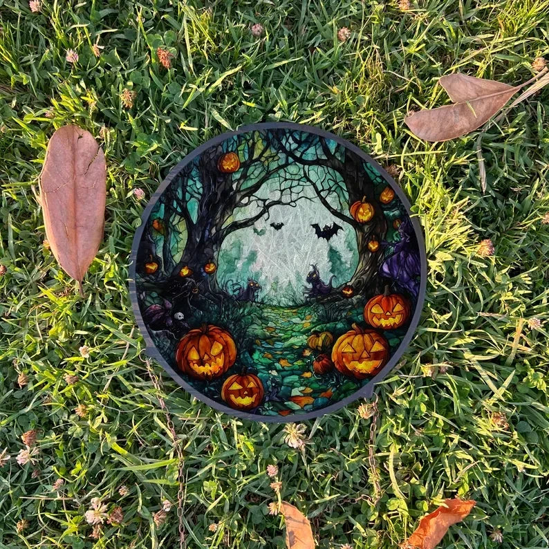 Scary Forest Painted Faux Stained Glass Suncatcher, Window Hanging Decor, Outdoor Sun Catcher, Halloween Decor