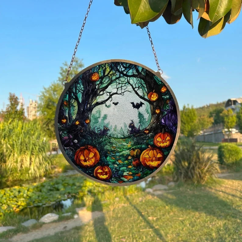 Scary Forest Painted Faux Stained Glass Suncatcher, Window Hanging Decor, Outdoor Sun Catcher, Halloween Decor