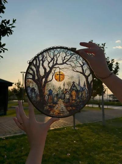 Cemetery Painted Faux Stained Glass Suncatcher, Window Hanging Decor, Outdoor Sun Catcher, Halloween Decor