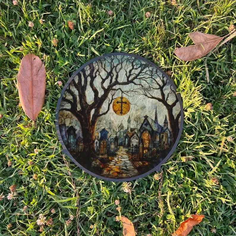 Cemetery Painted Faux Stained Glass Suncatcher, Window Hanging Decor, Outdoor Sun Catcher, Halloween Decor